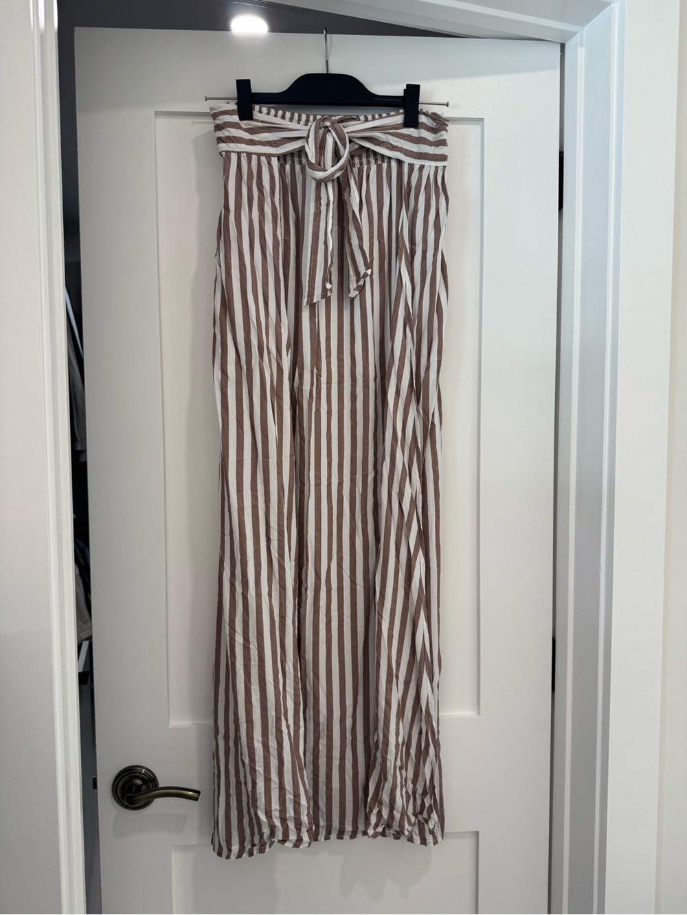 Elan Taupe and White Vertical Stripe Tie-Waist Maxi Skirt